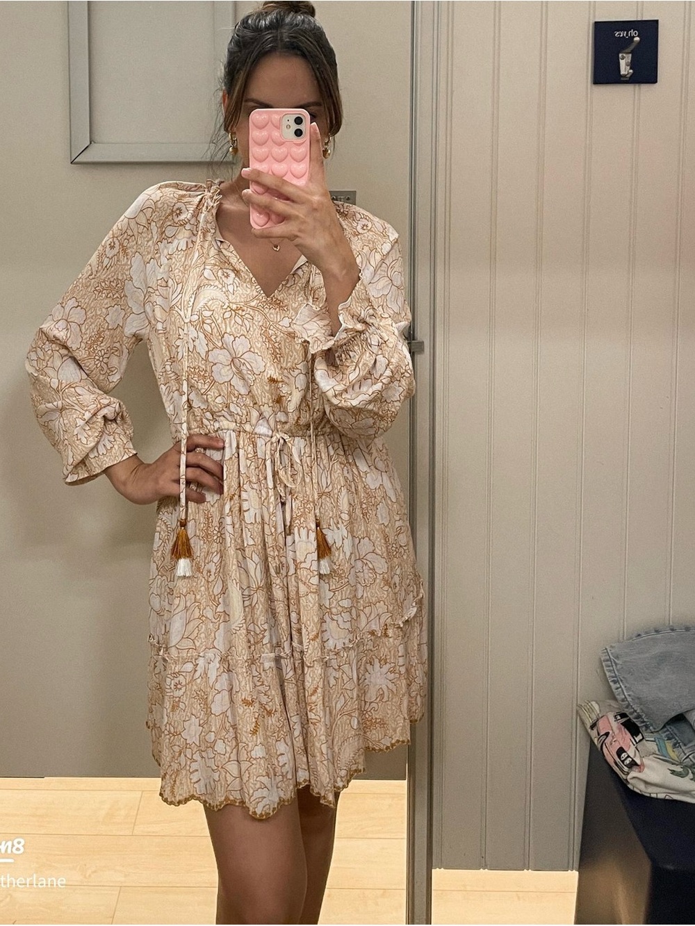 House of Harlow 1960 Cream and Tan Floral Tie-Waist Mini Dress